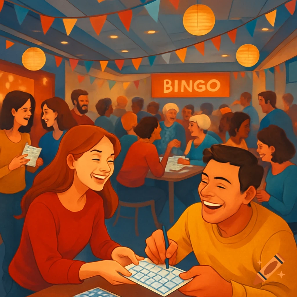 People playing bingo in a brightly decorated room, a man marks his card while a woman laughs. A 'BINGO' sign hangs above.