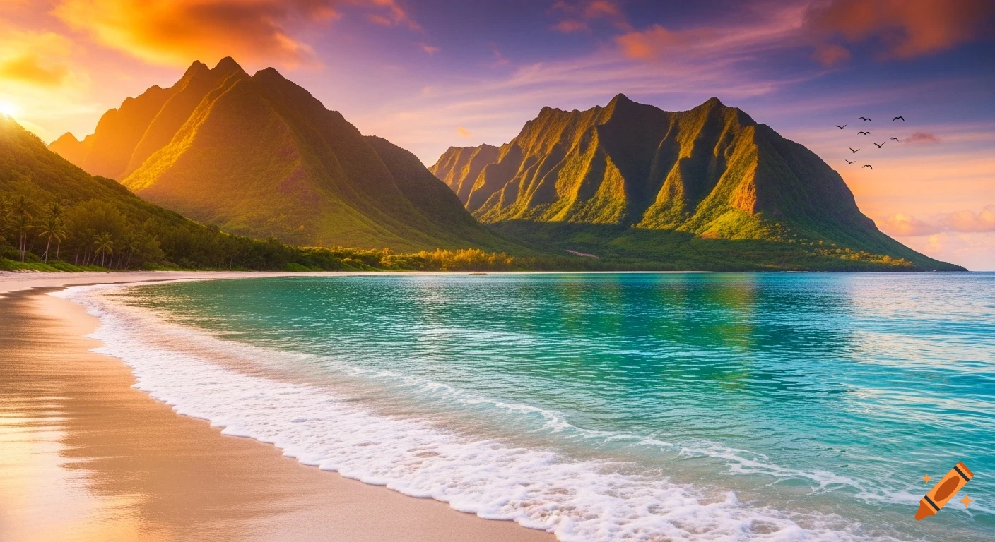 A cinematic high-resolution photo of a tropical beach with white sand and lush mountains at sunset, with birds flying.