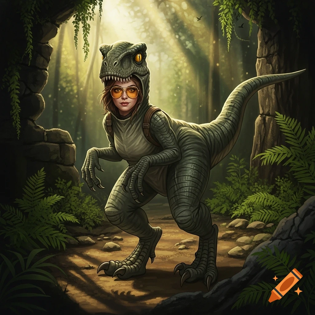 Woman with sunglasses in a detailed raptor costume stands in a sunlit jungle with ancient ruins.