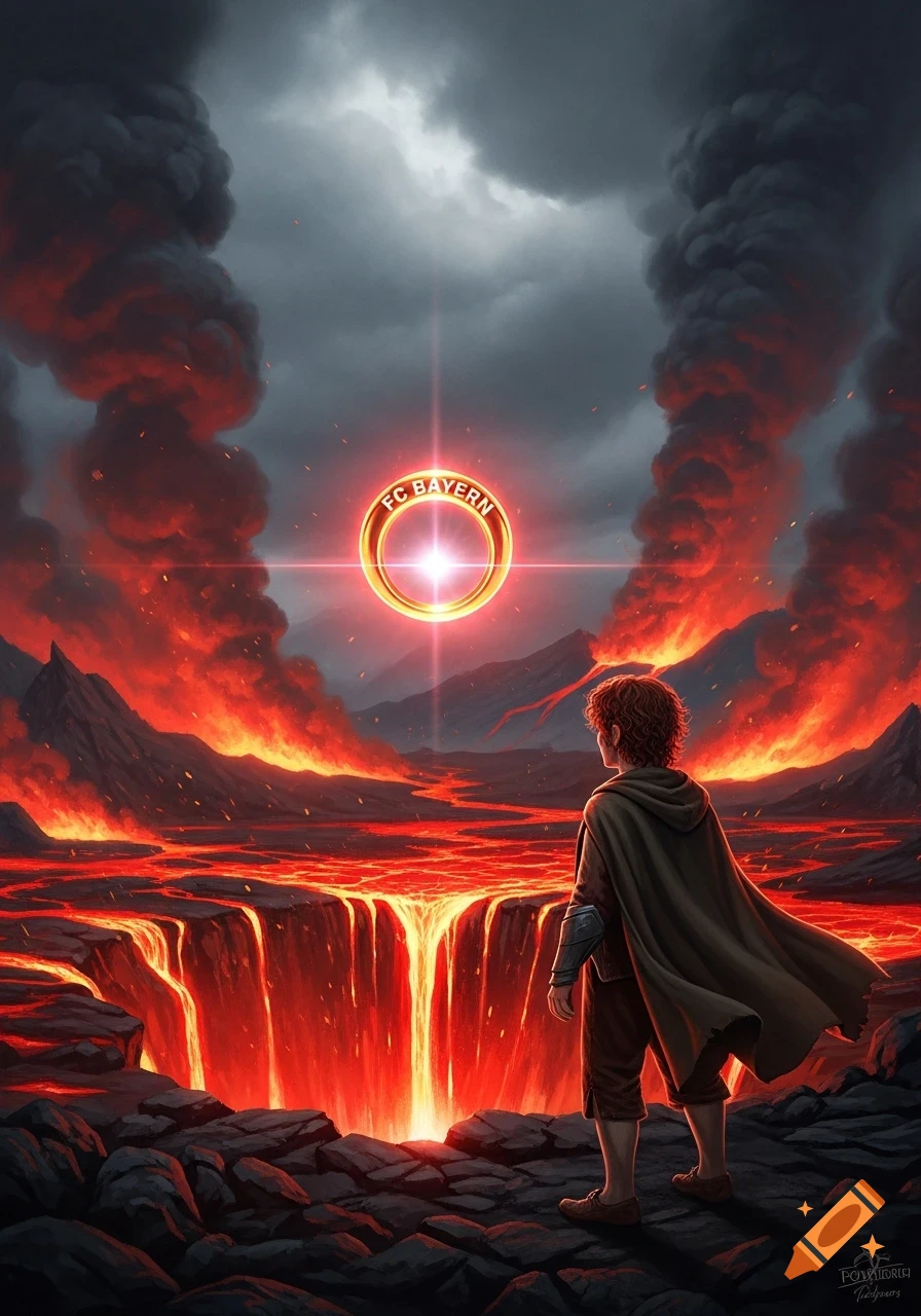 A figure resembling Frodo stands before a vast lava-filled landscape with waterfalls of fire, looking up at a glowing ring bearing the "FC Bayern" logo, under a smoky sky.