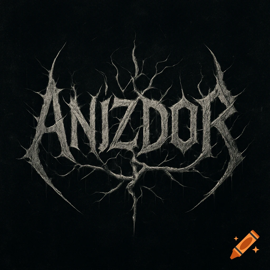 A dark gothic band logo for 'Anizdor' with splintered, textured typography and root-like motifs on a black background.