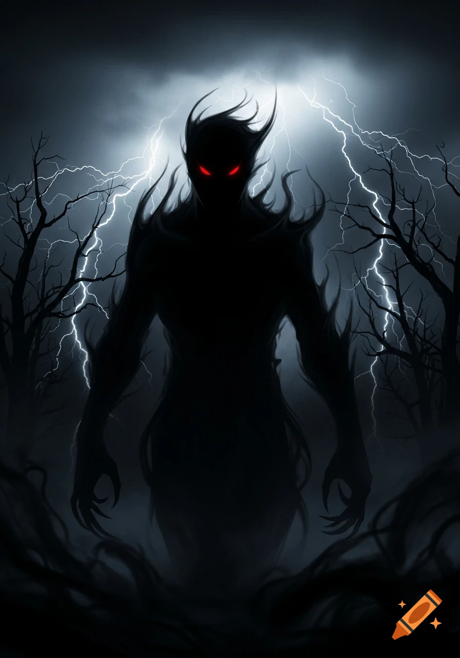 A tall, dark shadowy figure with glowing red eyes stands against a ...