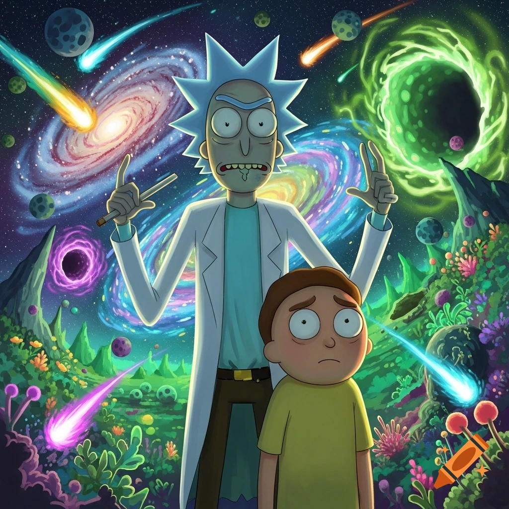 Rick and Morty standing in a vibrant, surreal alien cosmic landscape with swirling galaxies, glowing portals, and comets.