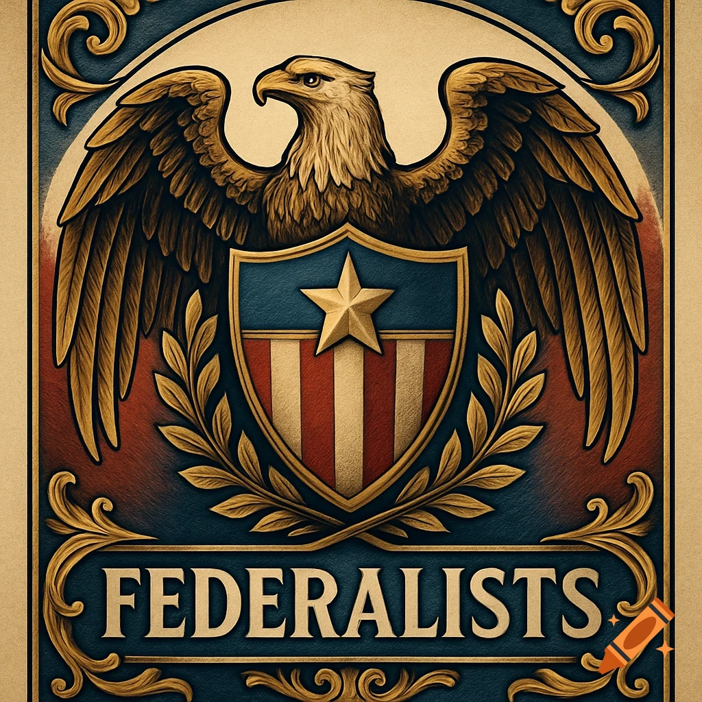 Ornate emblem with a bald eagle, an American flag shield, a laurel wreath, and "FEDERALISTS" text.