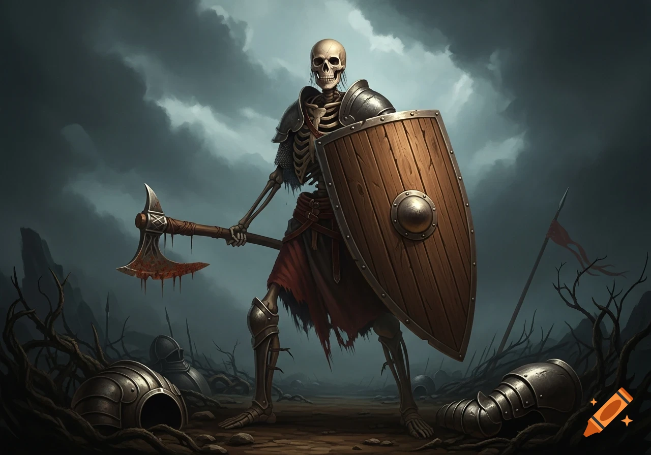 A skeletal warrior in armor wields a bloody axe and a wooden shield on a battlefield under a dark, cloudy sky, in a dark fantasy art style.