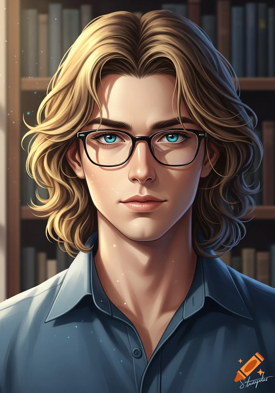 Anime-style portrait of a young man with wavy blond hair, bright blue eyes, and black reading glasses, in front of bookshelves.