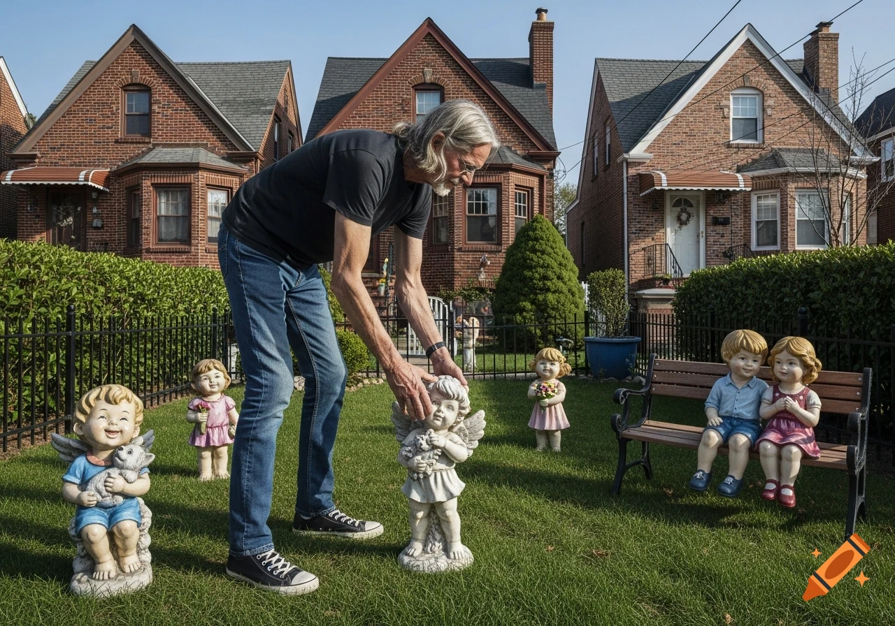 A long-haired man places a cherub statue in a front yard with other kitschy statues and brick houses in the background. Photorealistic style.