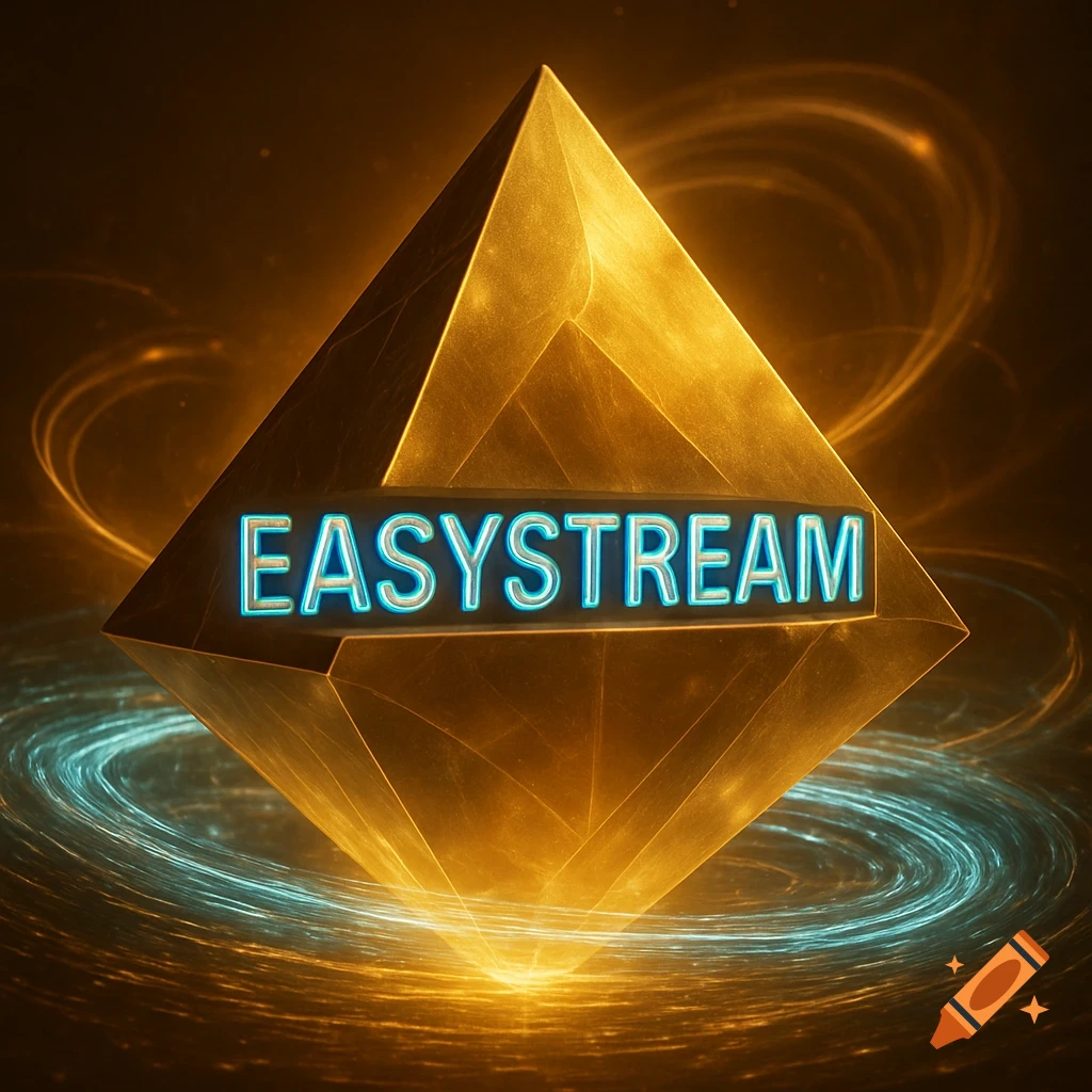 A glowing blue 'EASYSTREAM' text on a detailed gold 3D pyramid with swirling blue and gold light effects.