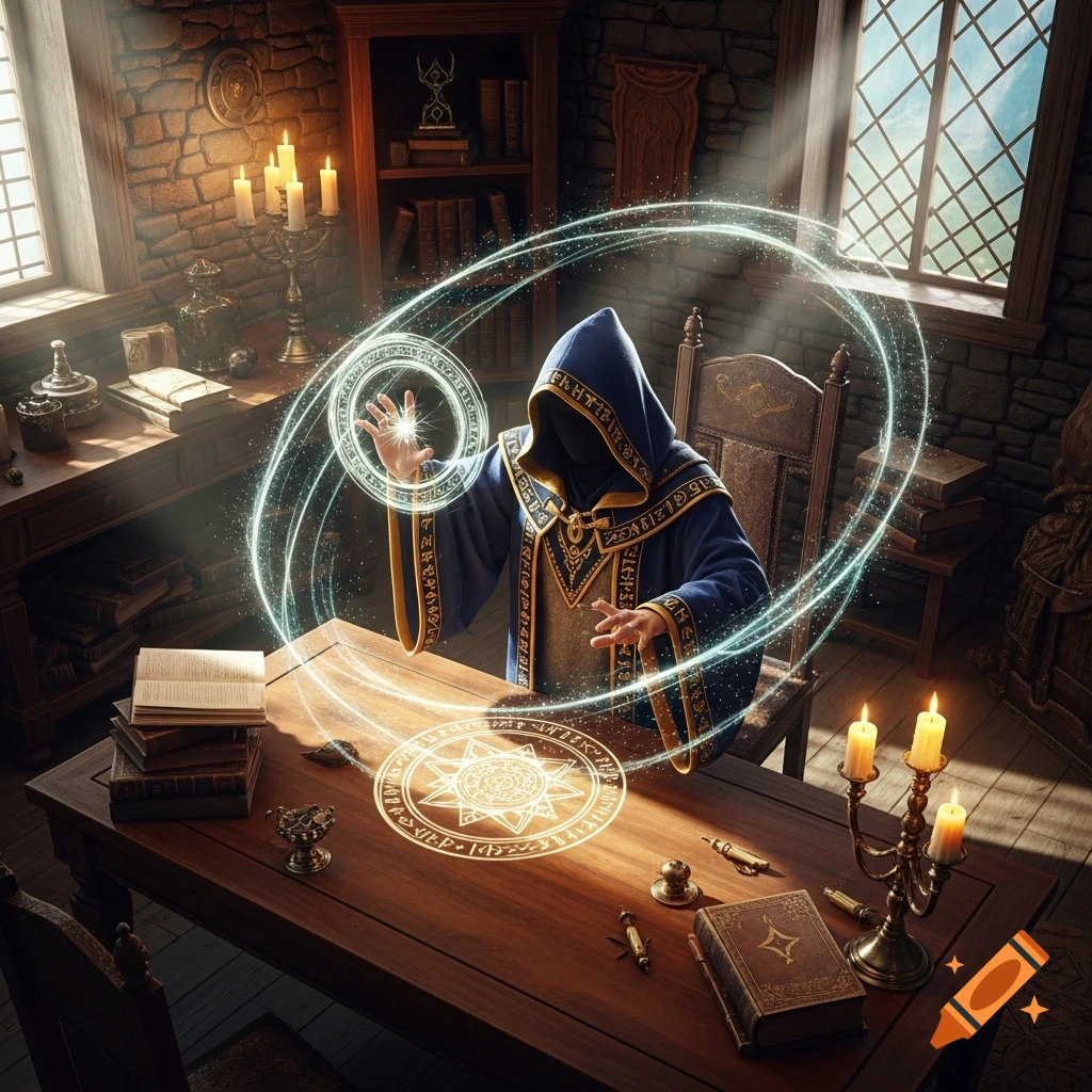 A hooded wizard in a blue robe casts a glowing spell above a magical symbol on a wooden table in a mystical, stone-walled room.