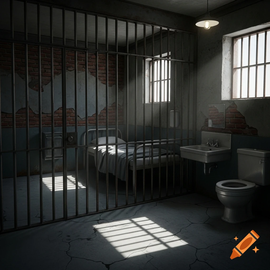 A dark, dilapidated prison cell with metal bars, a bed, sink, toilet, and two barred windows casting light streaks on the cracked floor.