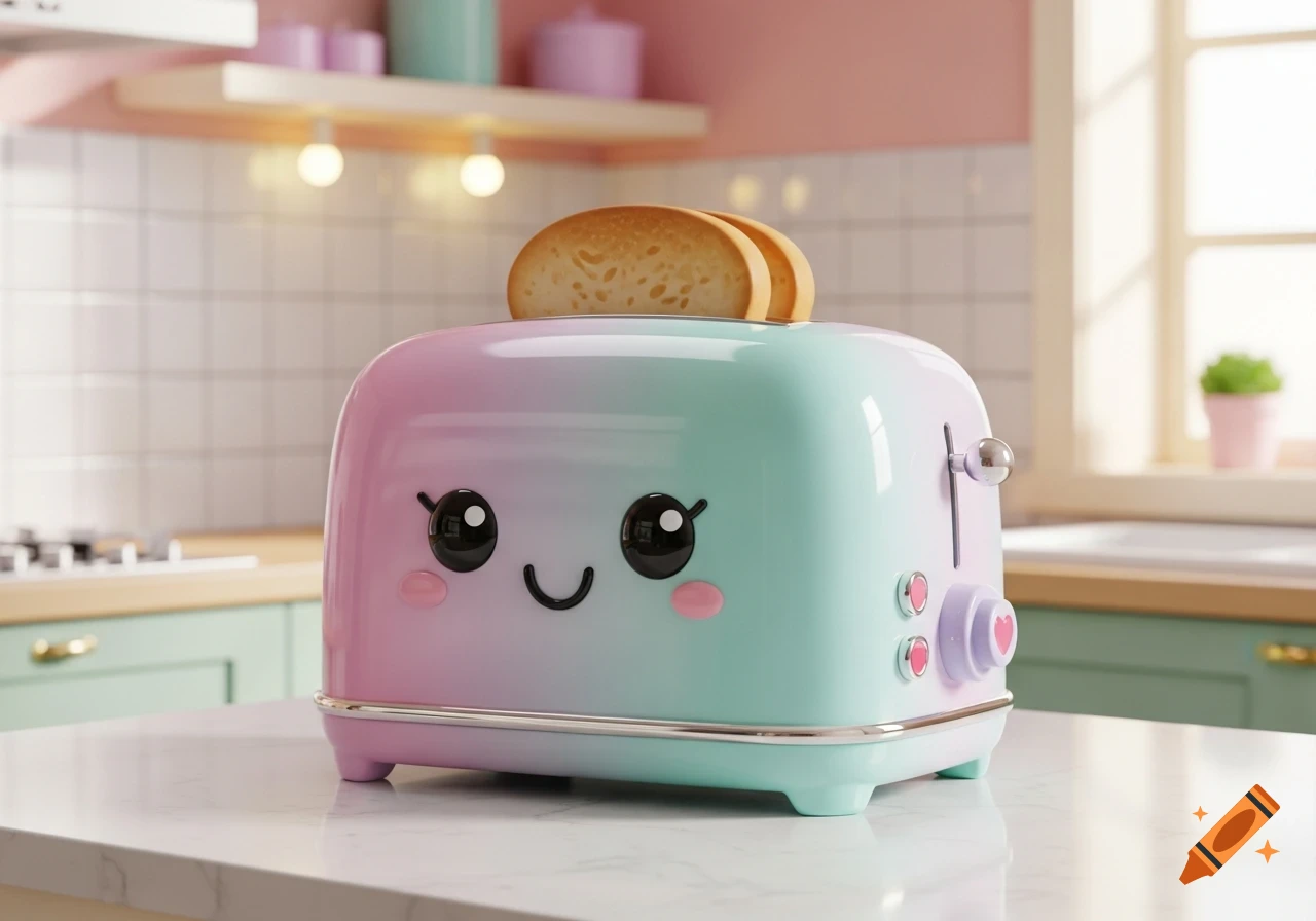 A cute 3D rendered kawaii toaster in pastel pink and teal, with a smiling face and two slices of toast, sits on a kitchen counter.