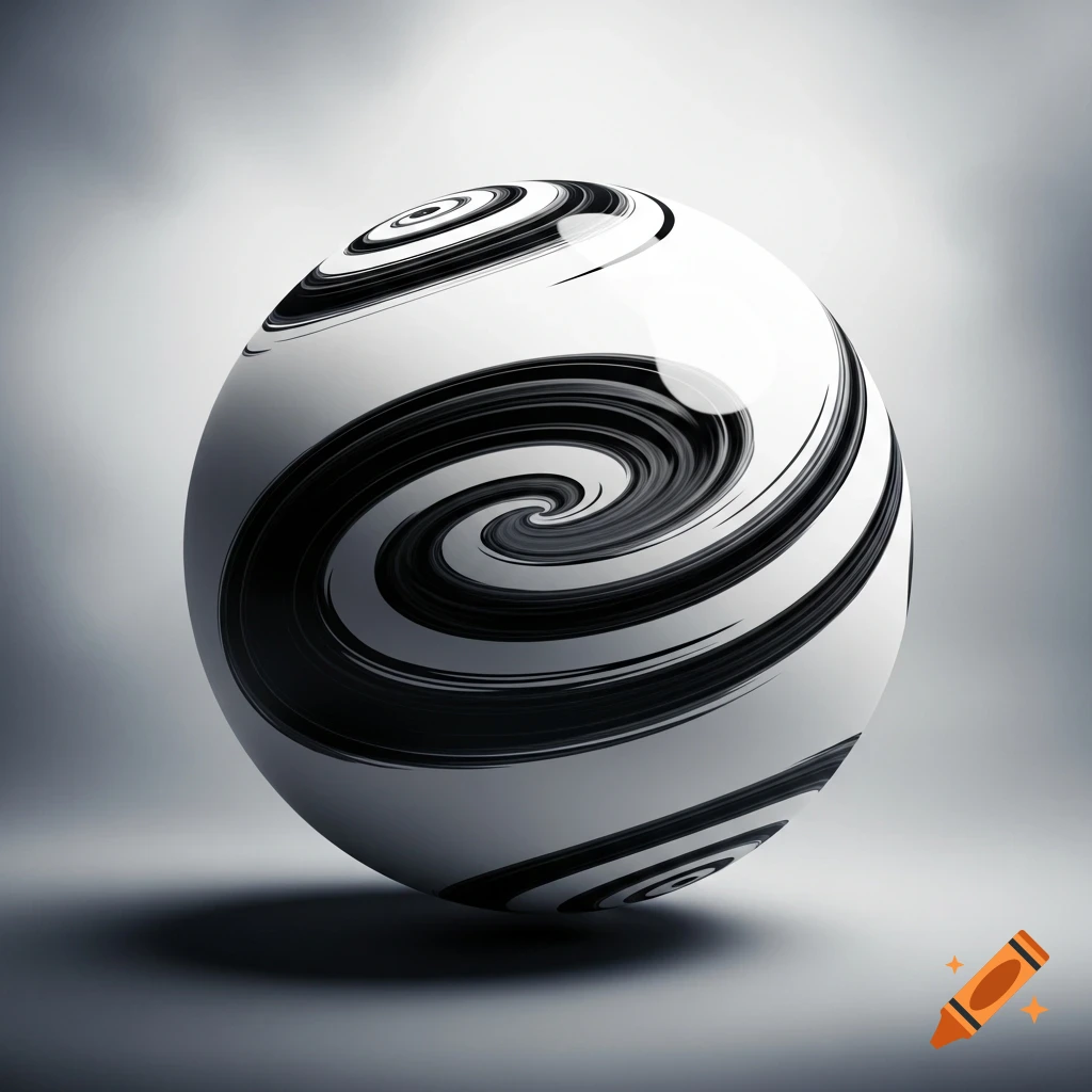 A shiny white sphere featuring abstract black swirling patterns against ...