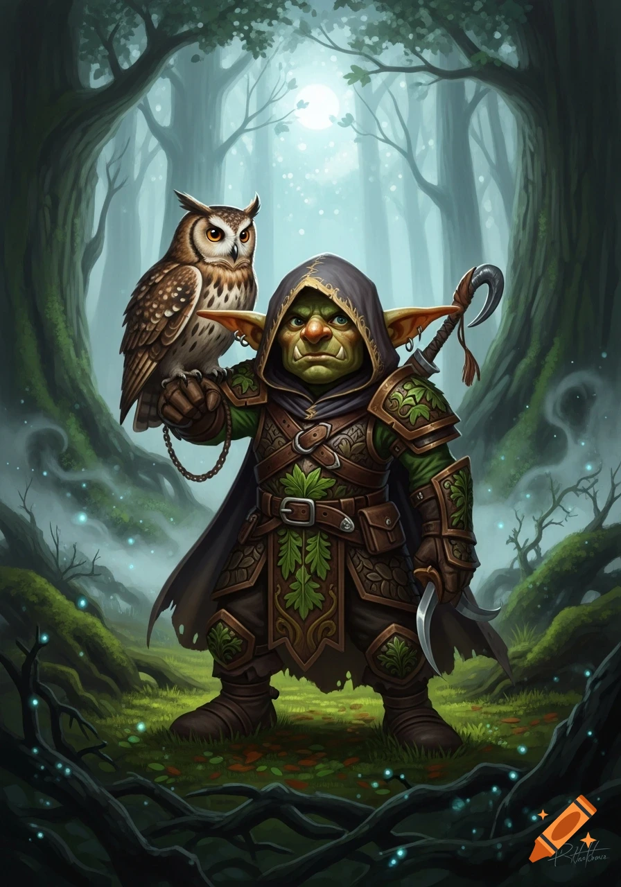 A detailed illustration of a goblin ranger with an owl on his arm, standing in a mystical, moonlit forest.