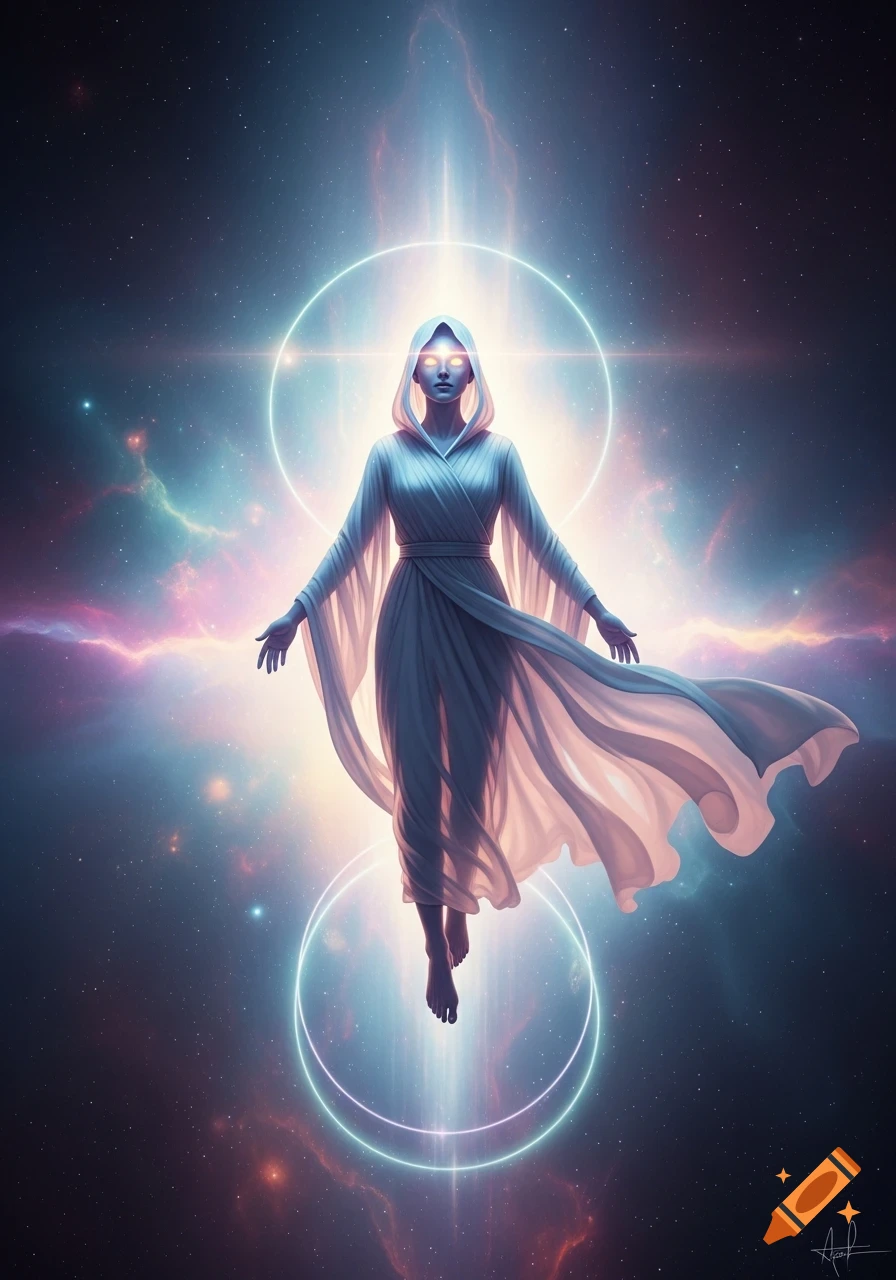 Ethereal hooded figure with glowing eyes floats amidst vibrant cosmic nebulae and stars, framed by luminous rings.