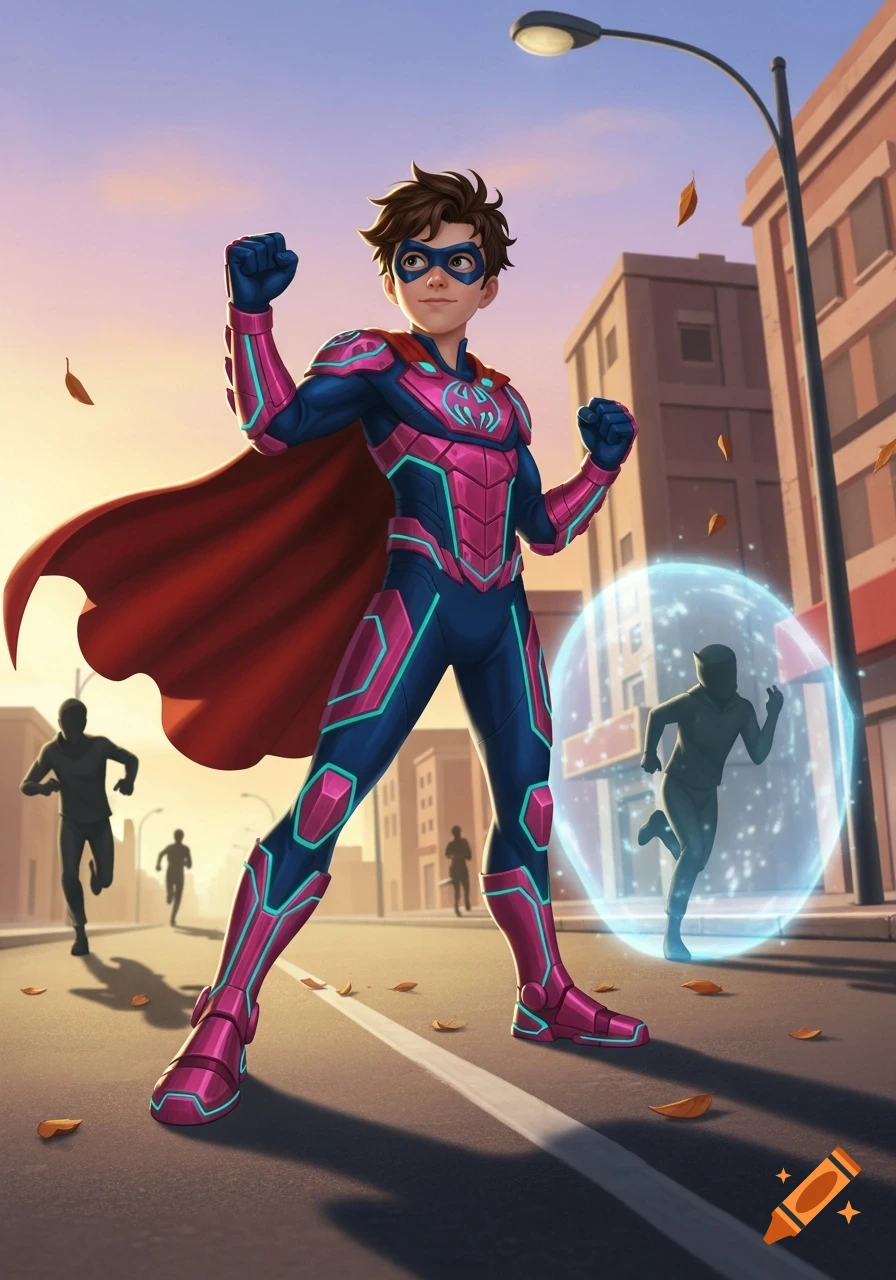 Cartoon of a young superhero in a blue and pink suit and red cape on a city street, watching two running figures, one in a blue force field.