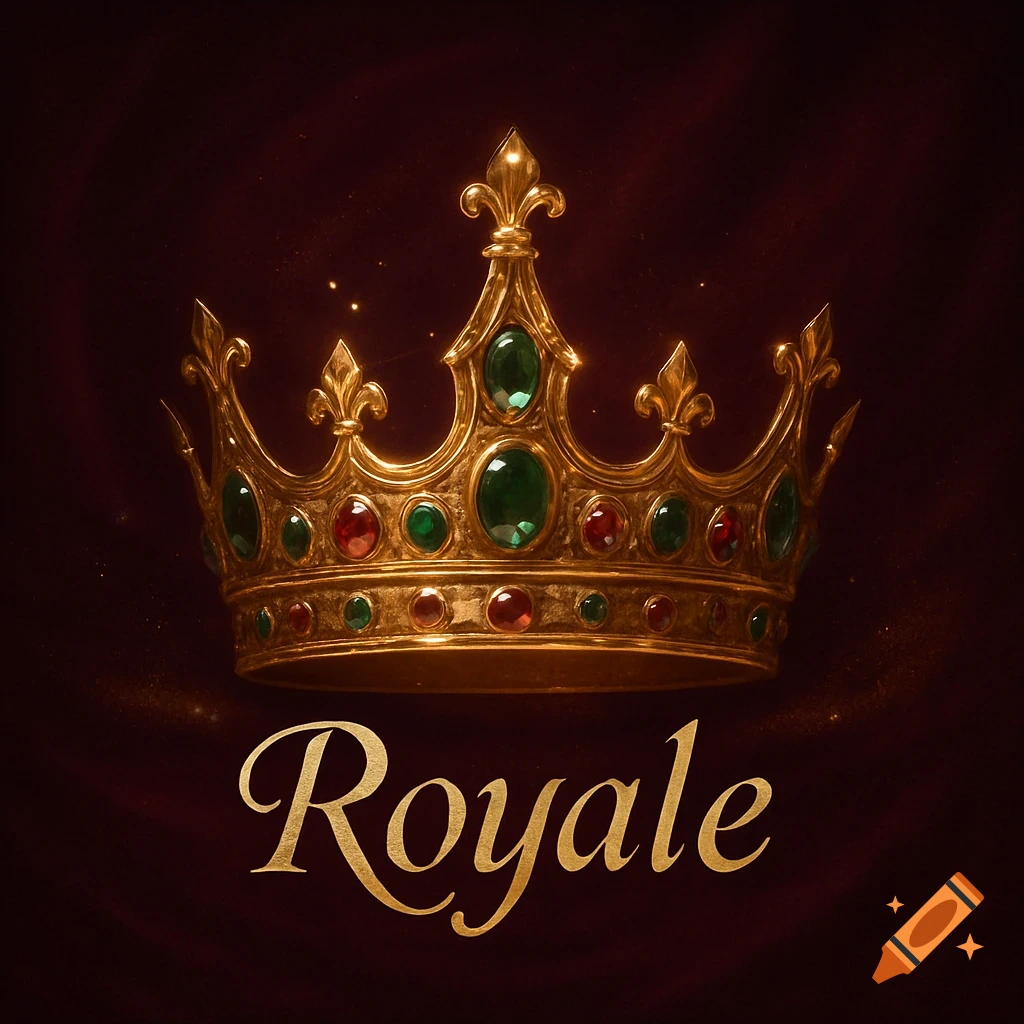 An ornate golden crown adorned with green and red jewels, with the word 'Royale' in gold script below it on a dark red background.