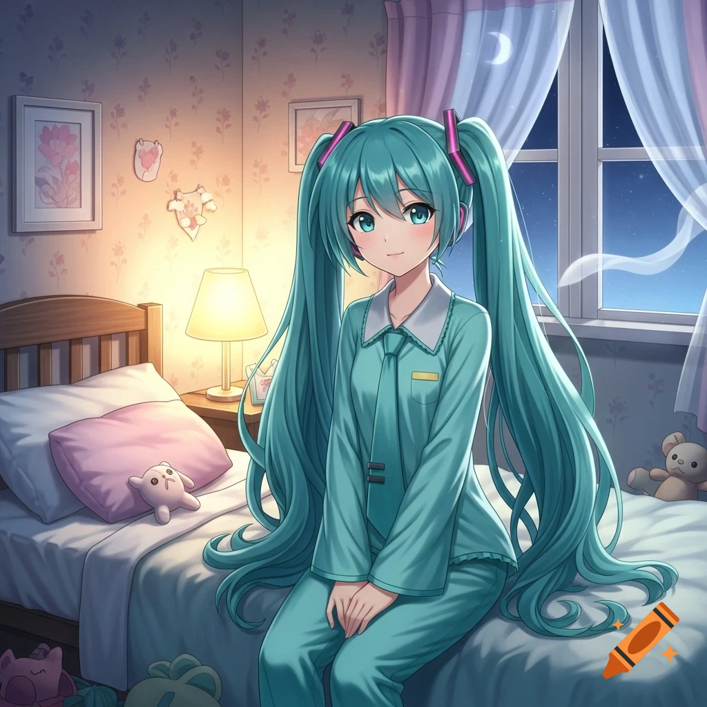 Anime-style Hatsune Miku sits on a bed in a cozy bedroom at night, wearing teal sleepwear.