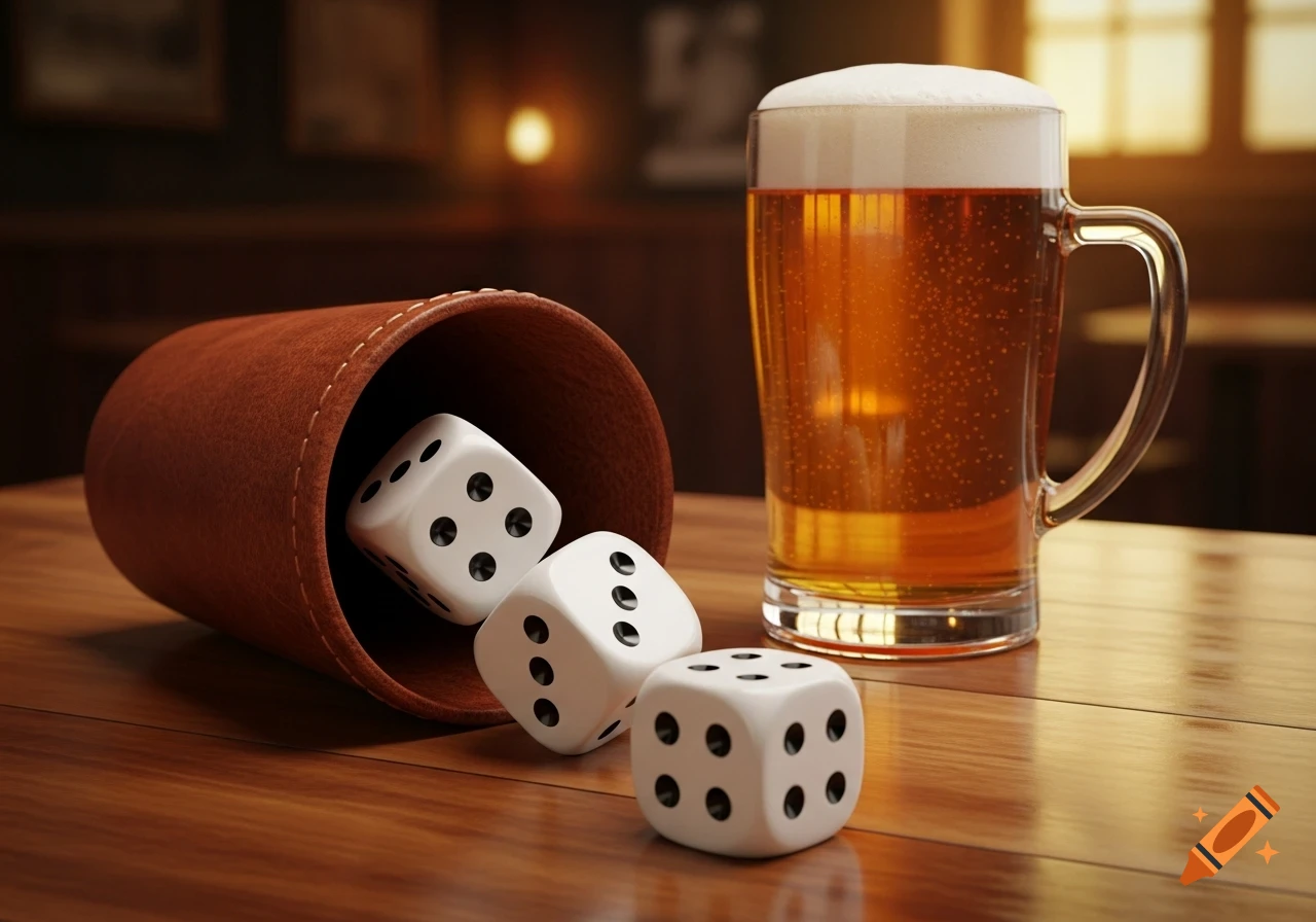 Three white dice and a brown leather dice cup next to a frothy glass of beer on a wooden table.