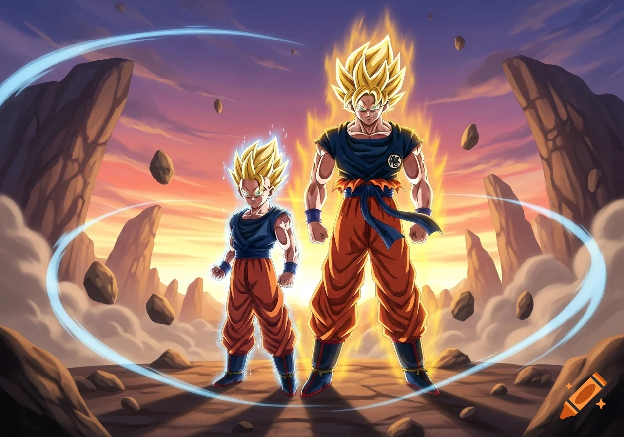 Goku and Gohan in Super Saiyan forms stand on a rocky landscape with a sunset sky, surrounded by a blue energy aura.