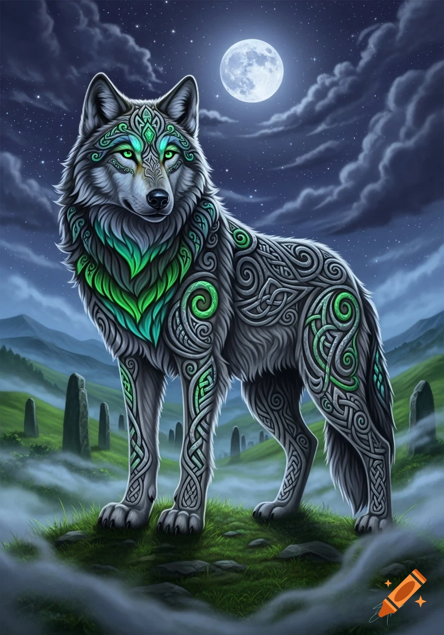 A majestic wolf with green and grey Celtic knotwork patterns stands on a misty hill with ancient stones under a full moon at night.