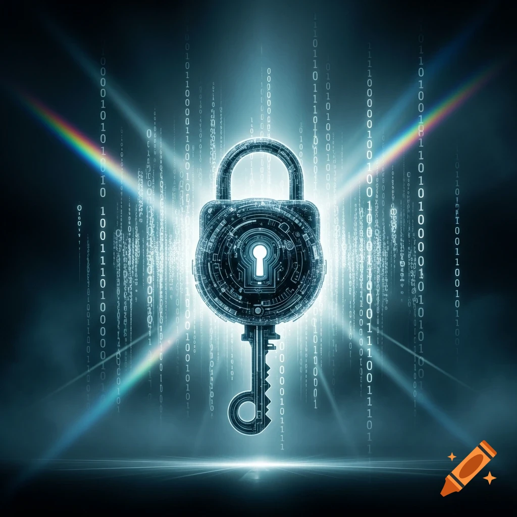 Stylized glowing padlock and key surrounded by falling binary code and light rays on a dark background, representing digital security.