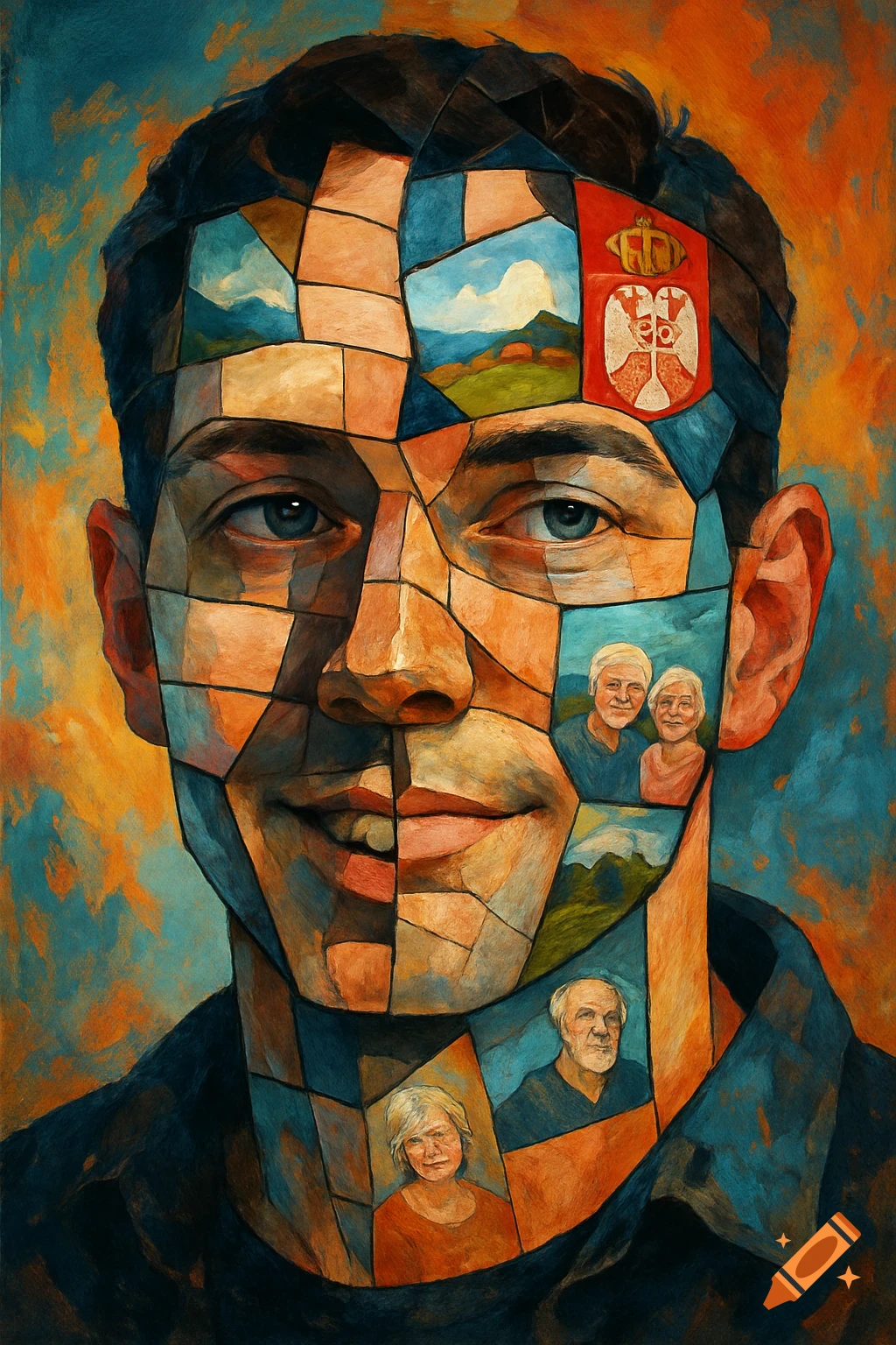 Stylized oil painting of a man's face made of fragmented pieces, some containing landscapes, older people, and the Serbian coat of arms.