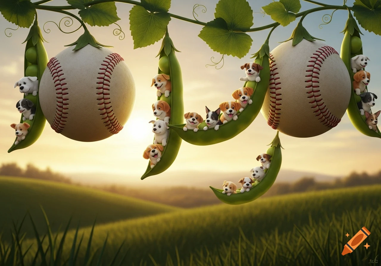 Cute puppies peek out from inside green peapods hanging from a vine alongside baseballs, set against a golden sunrise in a grassy field.