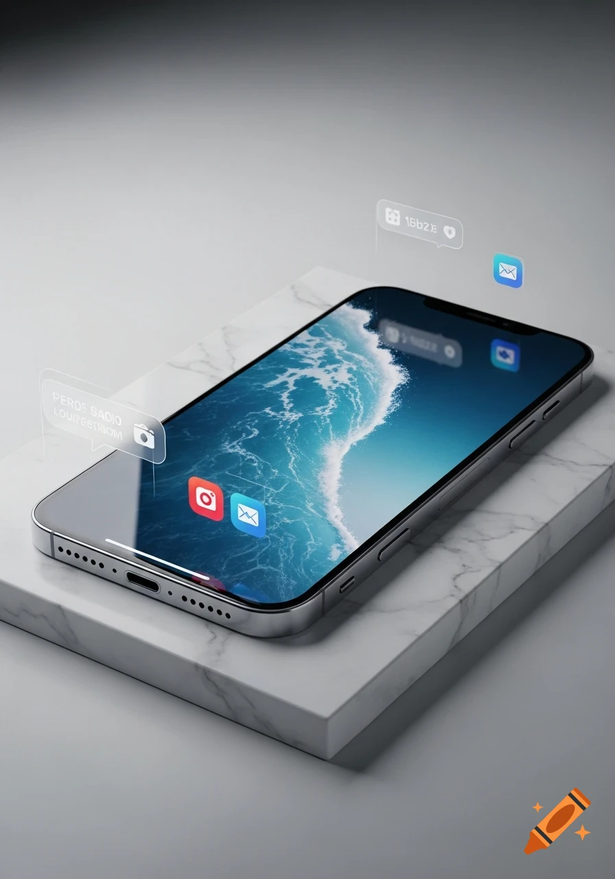 A sleek silver smartphone with an ocean wave wallpaper rests on white marble slabs, surrounded by holographic app icons and garbled text notifications.