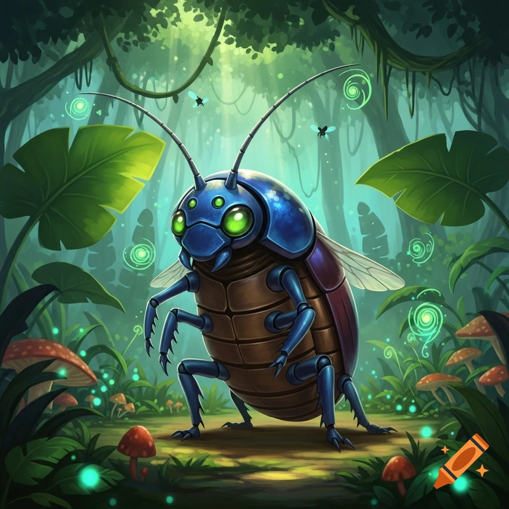 A stylized blue and brown cockroach-like creature with glowing green eyes stands in a vibrant, mystical jungle with mushrooms and luminous flora.