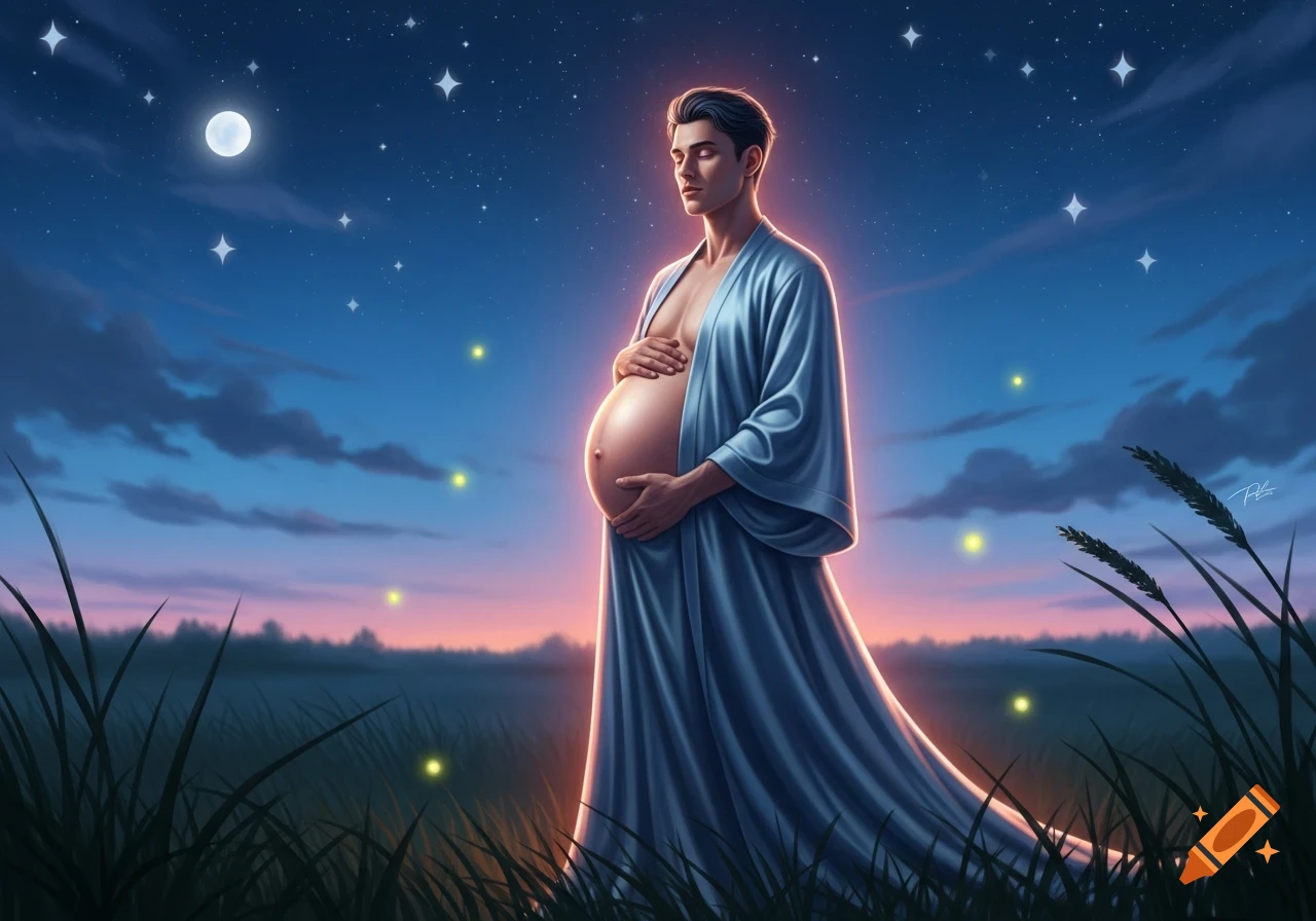An illustration of a pregnant man in a blue robe, standing in a field under a starry night sky with a full moon and fireflies.
