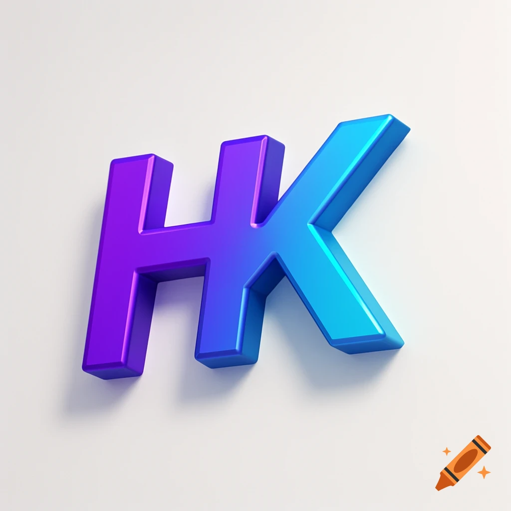 3D letters "HK" in a purple to blue gradient, casting a shadow on a white background.