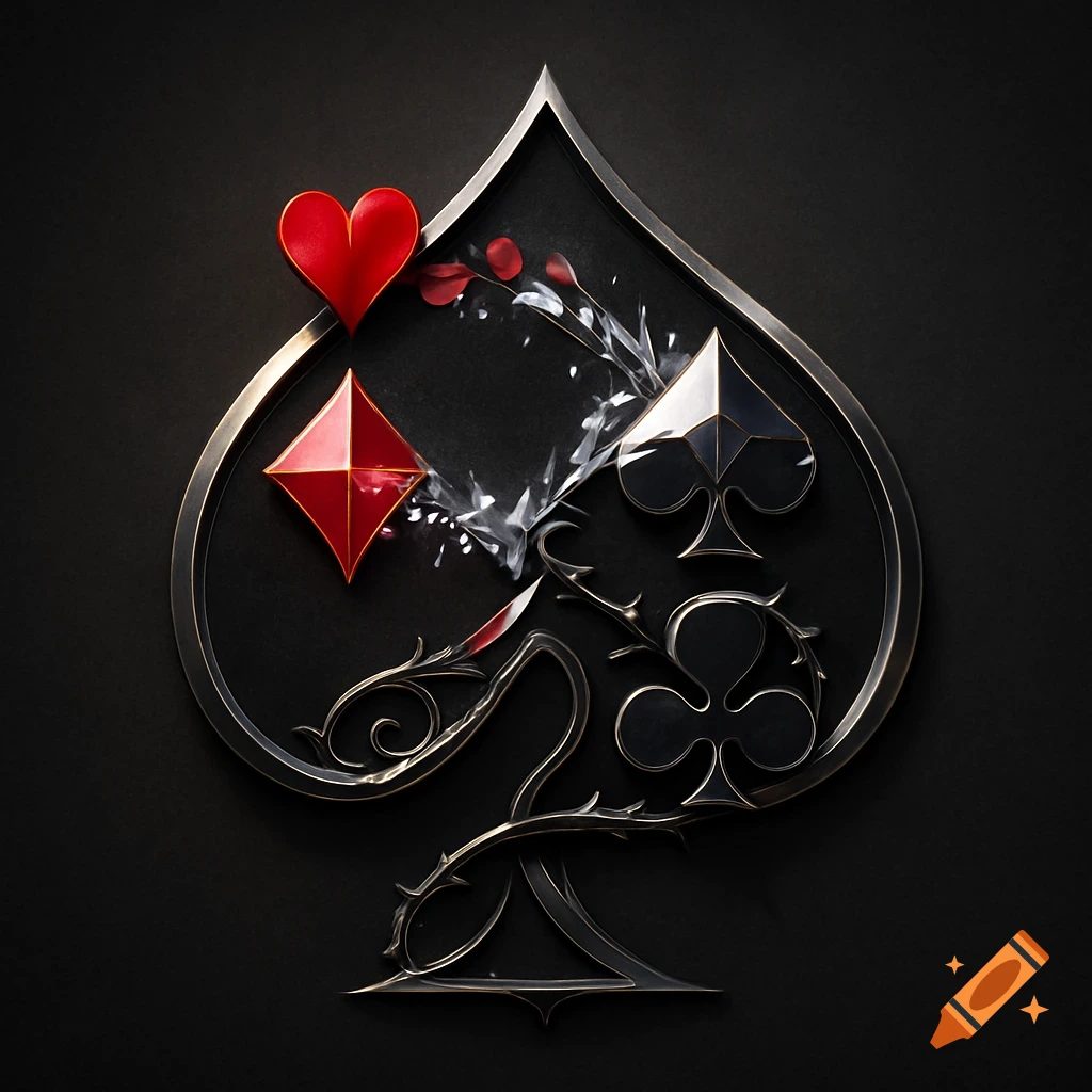A stylized metallic spade playing card symbol with a red heart, diamond, and a black club symbol inside, surrounded by thorns and crystal shards on a dark background.