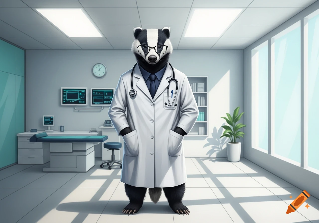 A serious badger wearing glasses and a doctor's lab coat with a stethoscope stands in a bright medical examination room.