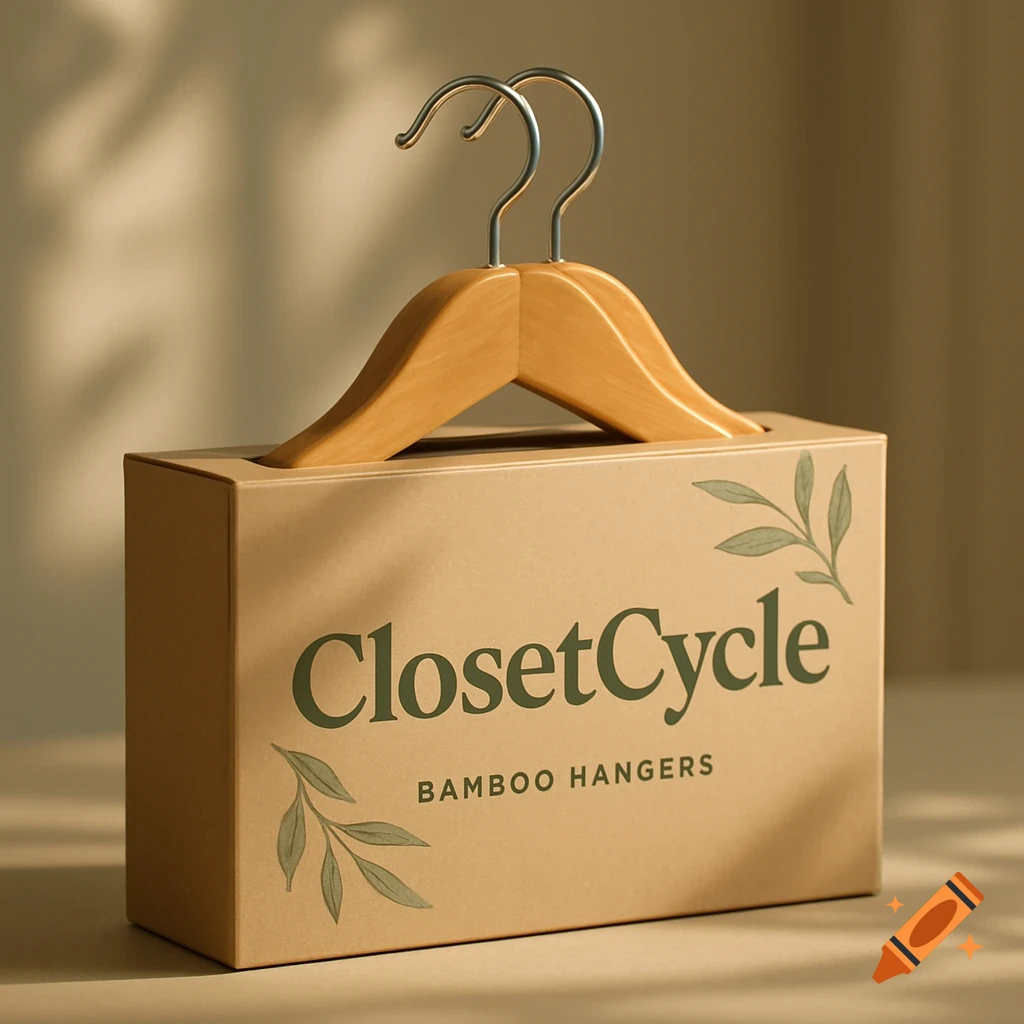Product shot of a light brown cardboard box labeled 'ClosetCycle BAMBOO HANGERS', with wooden hangers visible at the top, on a beige surface.
