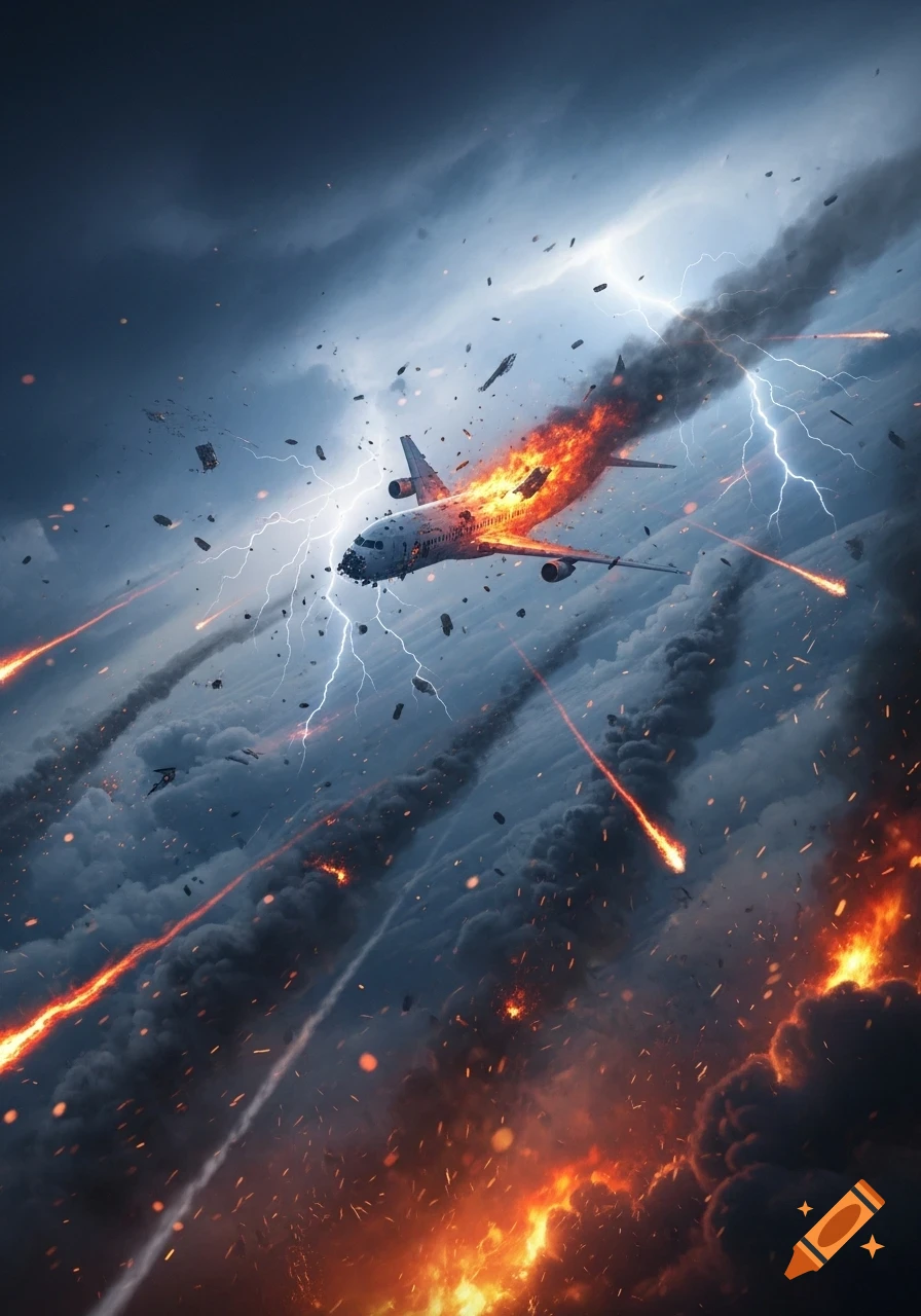A photorealistic image of a passenger airplane engulfed in fire and smoke, breaking apart amidst lightning and debris in a stormy sky.