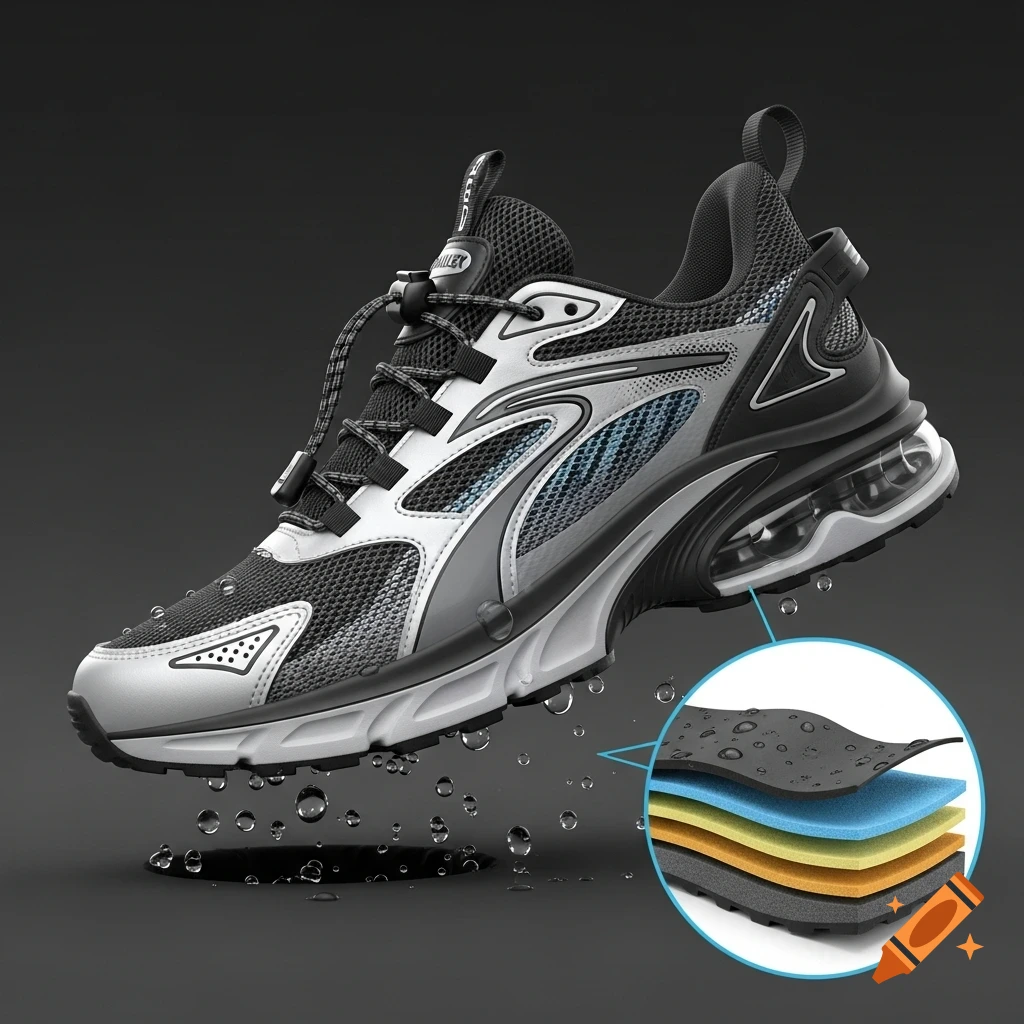 A grey and white running shoe with black mesh and blue accents floats above a dark surface, surrounded by water droplets. An inset circular diagram shows the shoe's layered, waterproof construction.