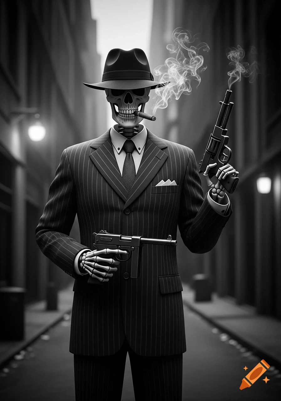 A black and white photo of a skeleton in a pinstripe suit and fedora, smoking a cigar, and holding two pistols in a dark alley.