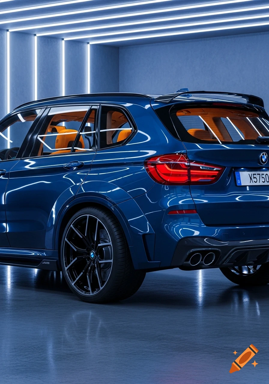 A dark blue BMW X5 SUV with orange interior is parked in a modern garage with blue LED strip lighting.