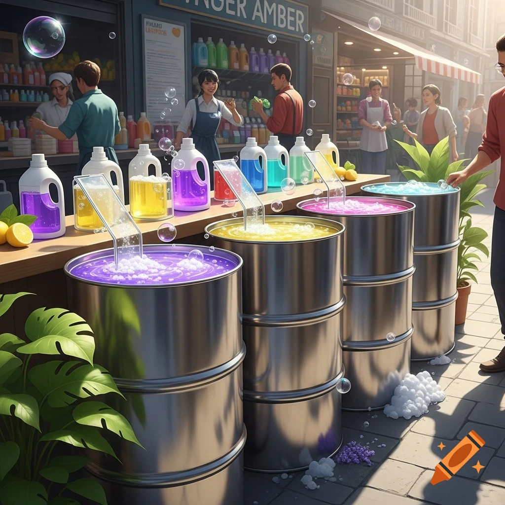 A vibrant street market stall selling colorful liquid detergents in bulk from large metal barrels, with customers and staff in the background.