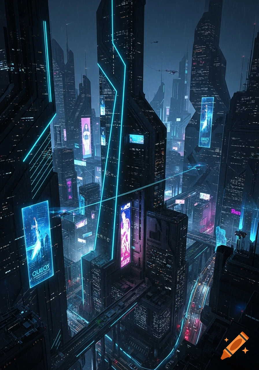 A futuristic cyberpunk city at night with towering black buildings ...