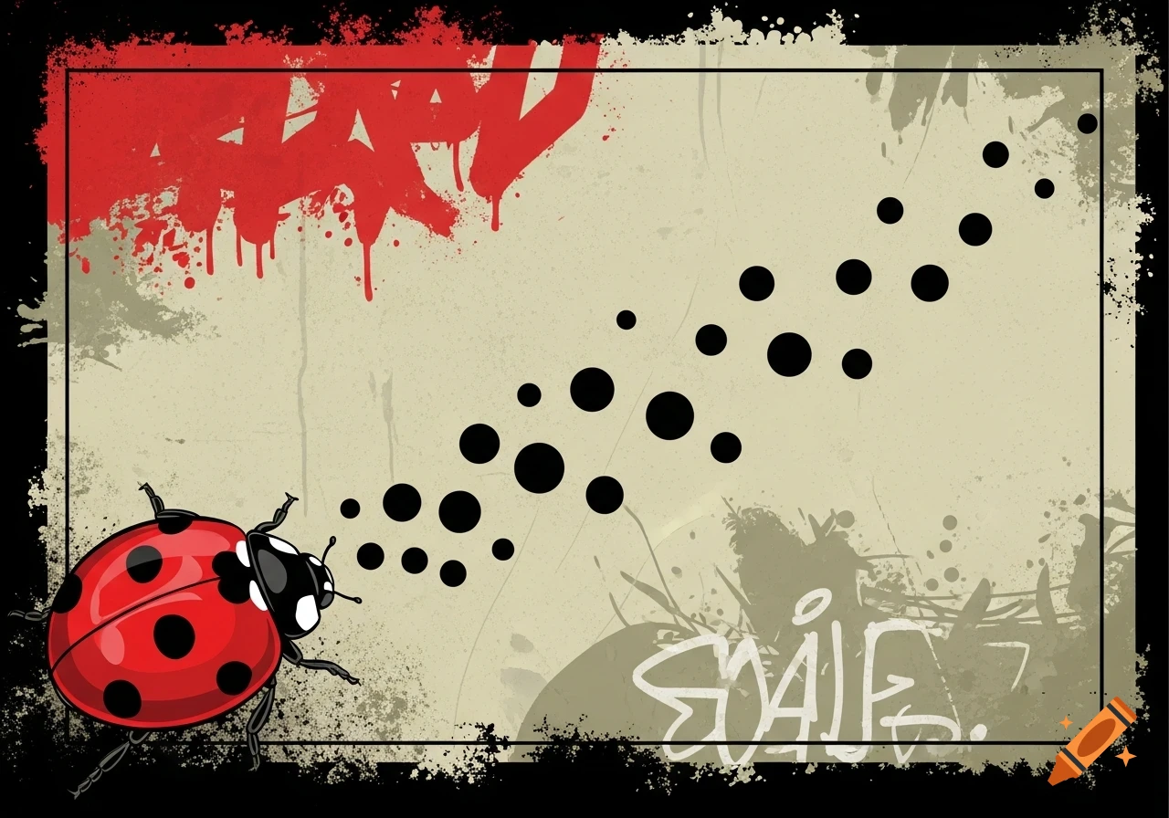 A vibrant red and black ladybug in the bottom left corner, with a trail of black dots flying upwards. The background is a distressed, grunge-style beige with red and gray paint splatters and graffiti-like elements, framed by a black border with white speckles. Stylized vector art.