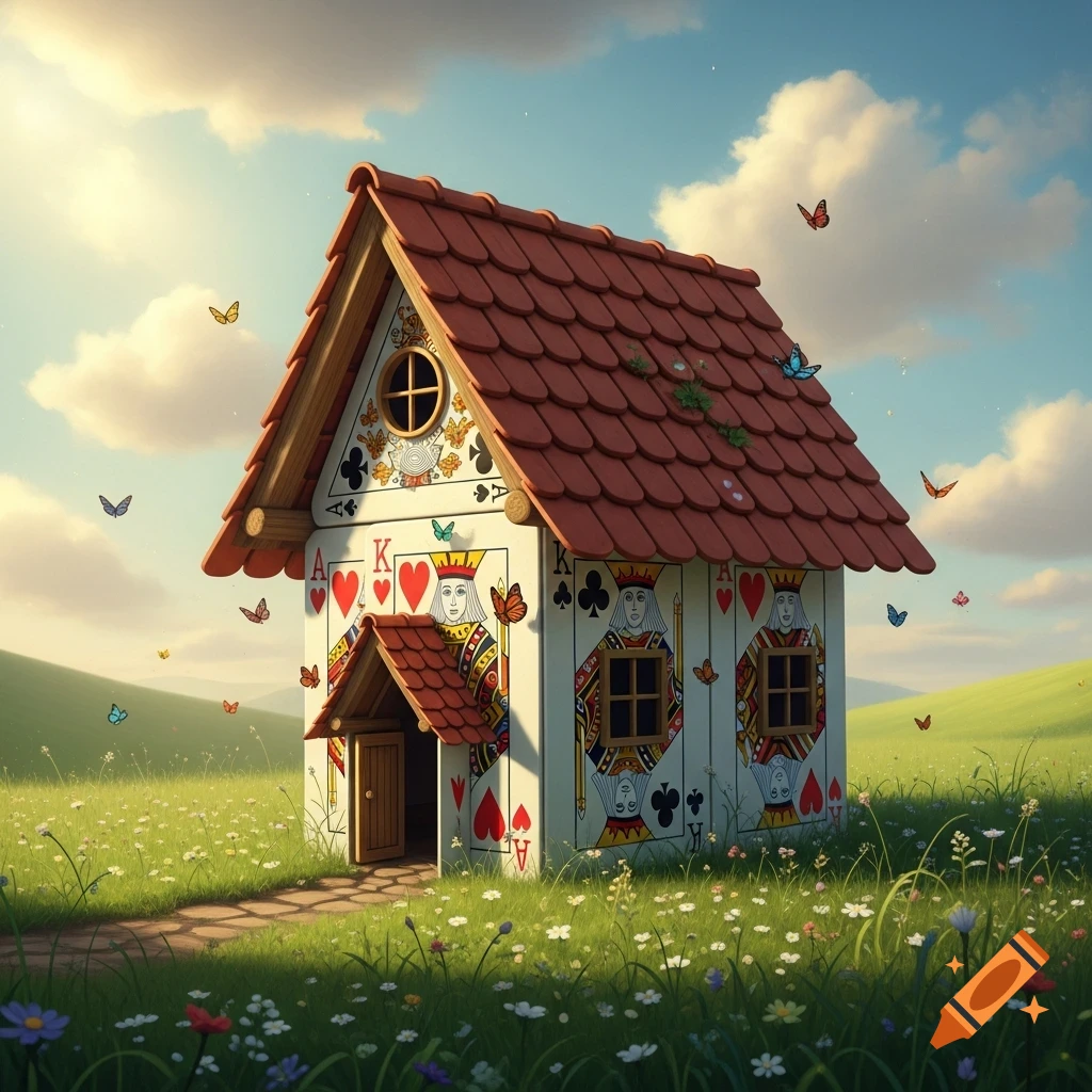 A whimsical house constructed from playing cards, featuring kings and suits, stands in a sunny, flower-filled meadow with butterflies.