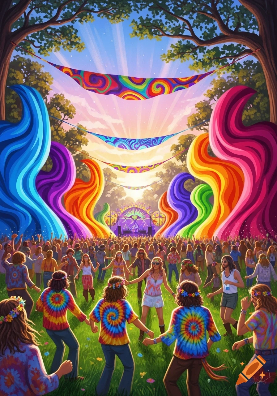 A vibrant, psychedelic outdoor music festival with a large crowd, colorful banners, and a brightly lit stage in a lush forest.