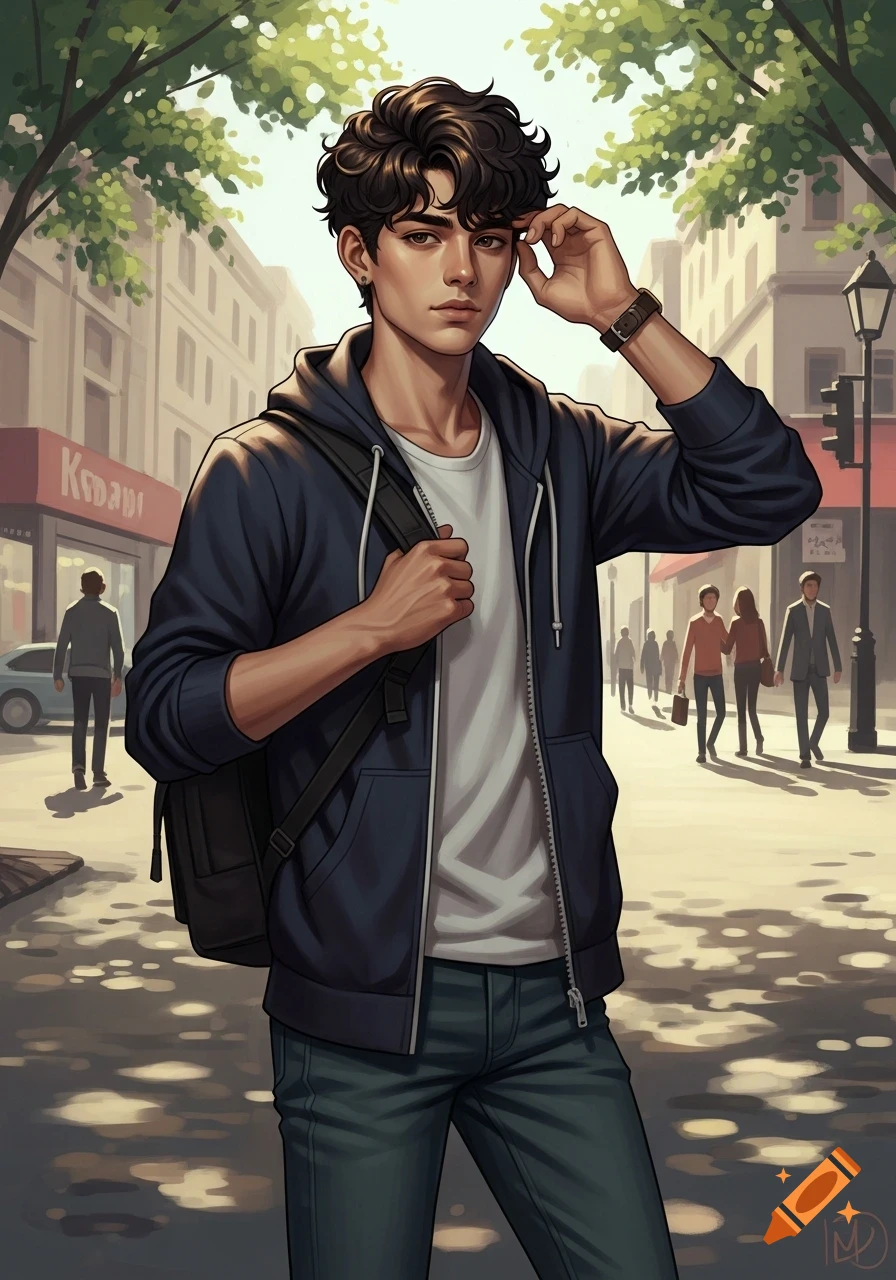 A stylized illustration of a young man with dark curly hair and olive skin, wearing a dark blue hoodie and backpack, walking on a city street.