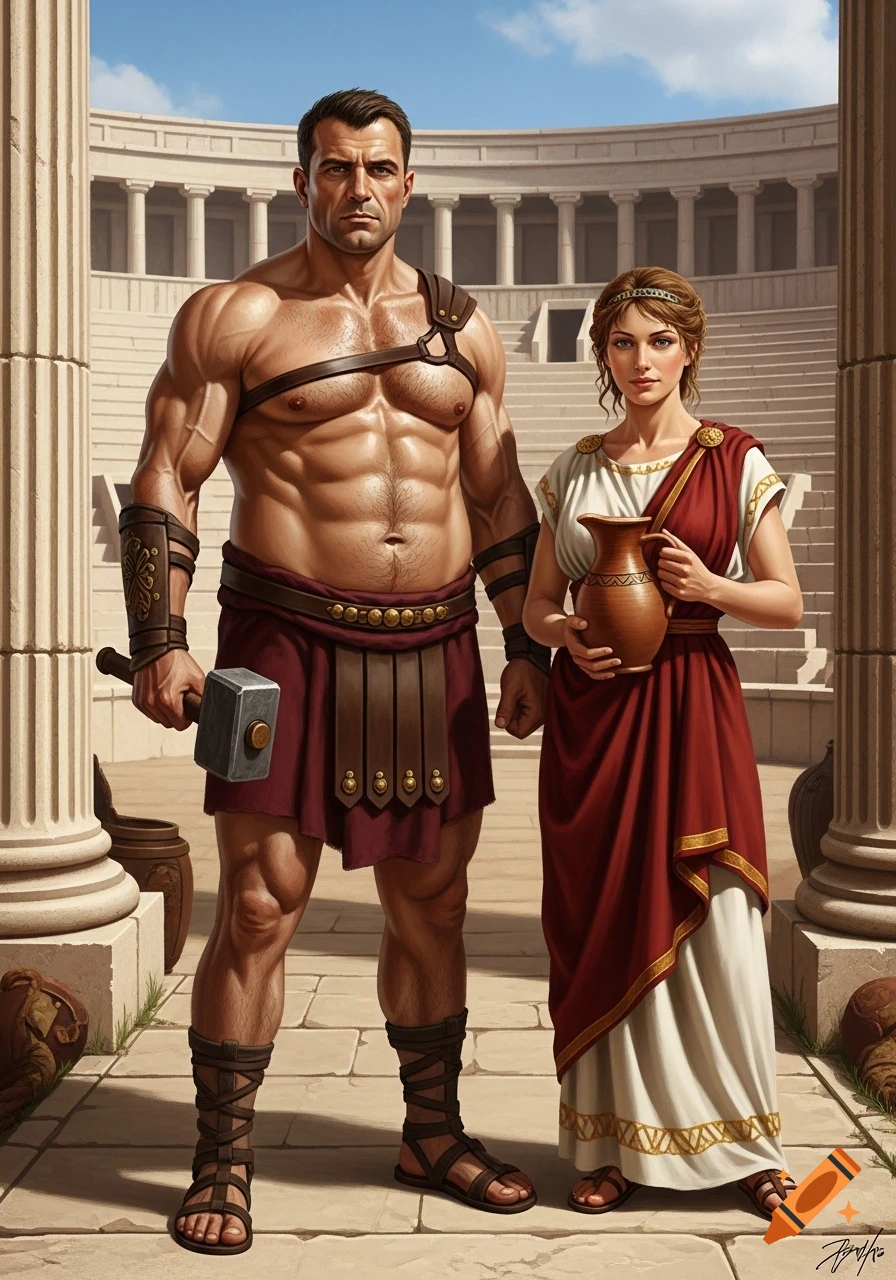 A muscular gladiator with a hammer stands next to a woman in a toga holding a jug, in a Roman architectural setting.
