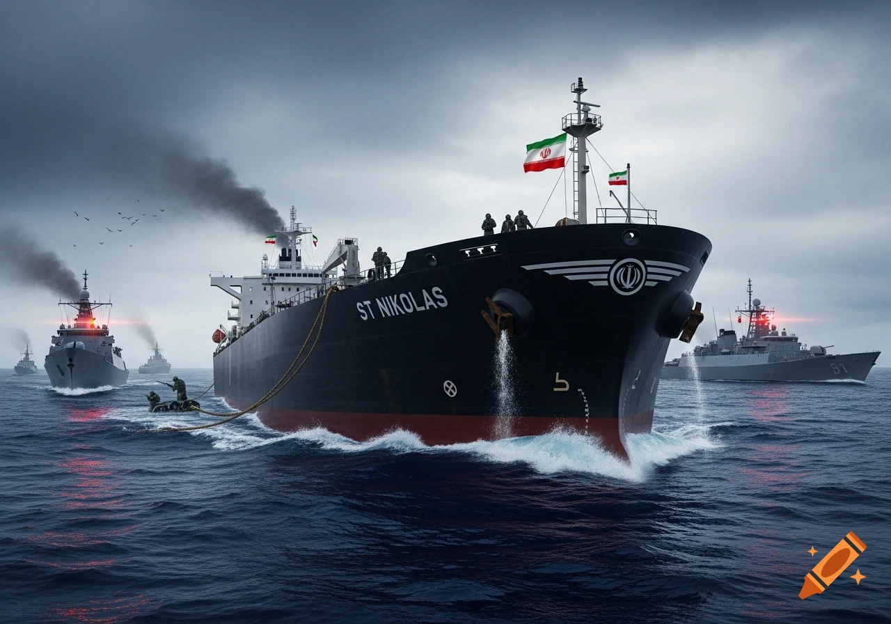 A large dark tanker ship, 'ST NIKOLAS', with Iranian flags, surrounded by military warships and armed personnel on a stormy sea.