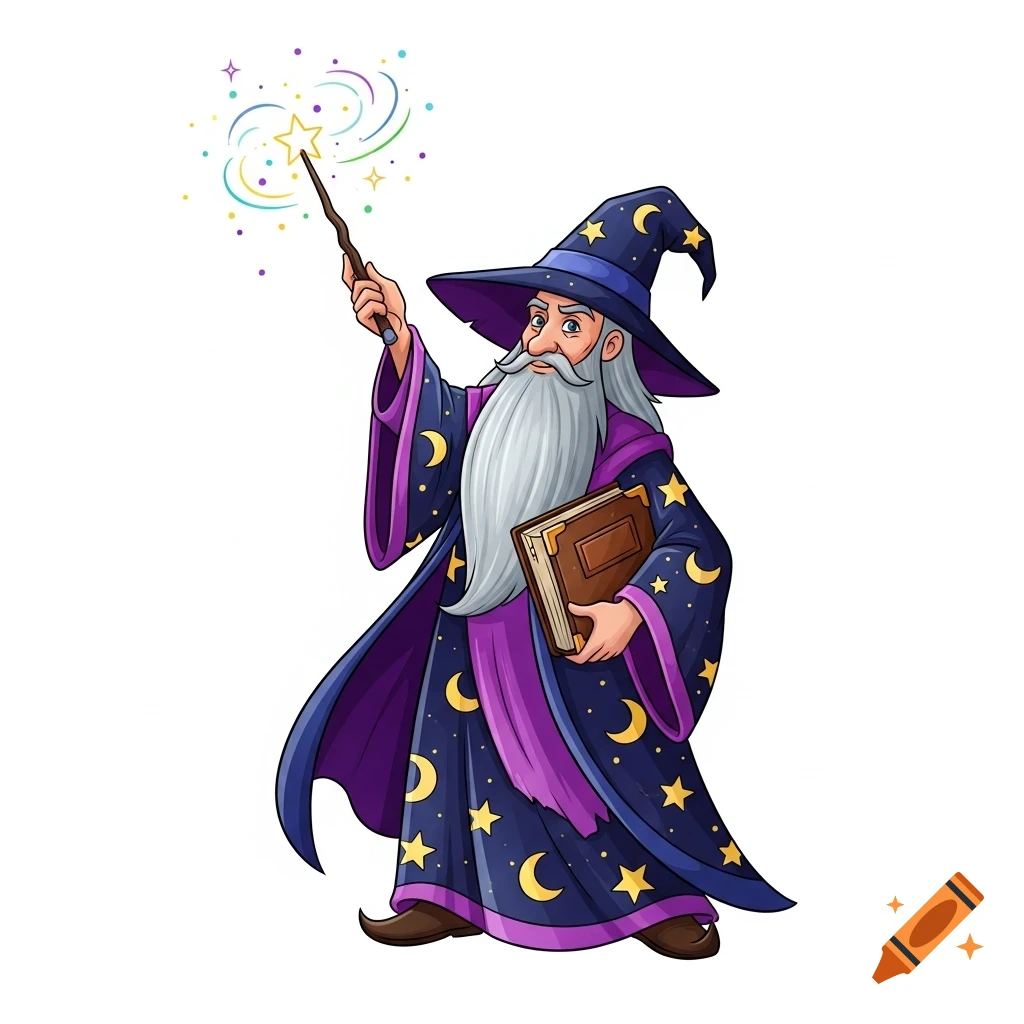 A full-body cartoon wizard with a long white beard, wearing a blue hat and robe adorned with stars and moons, holding a glowing magic wand and a brown book.
