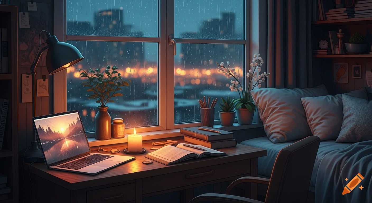 Cozy digital art of a desk in a bedroom at night, with a laptop showing a sunset, a lit candle, and books, rain visible outside the window.