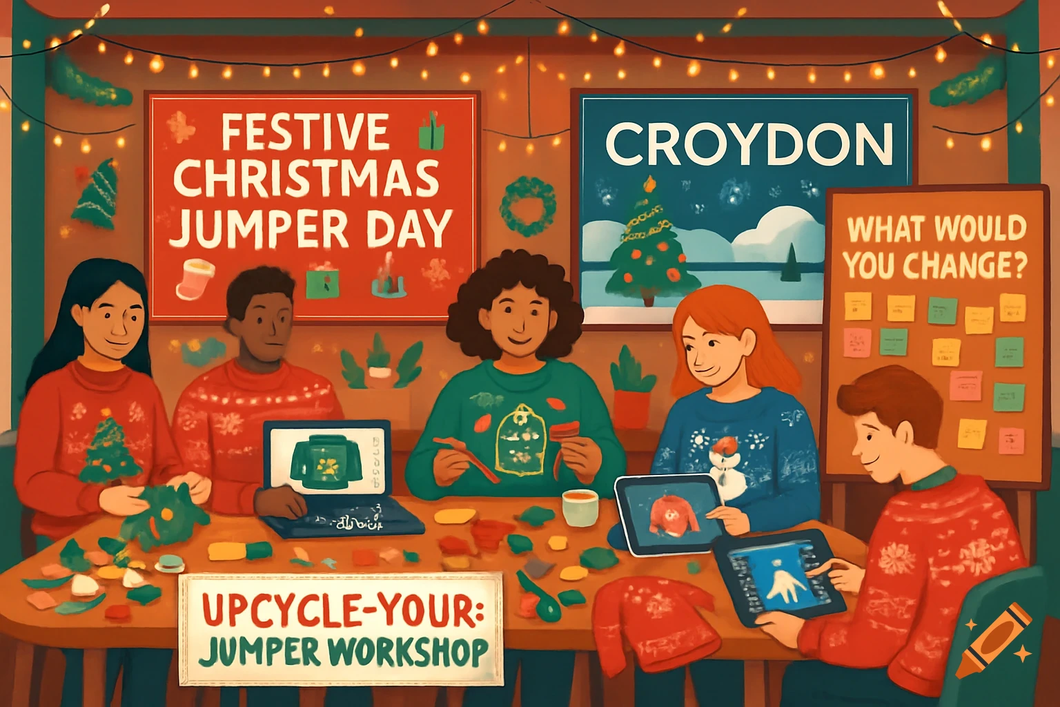 A diverse group of people in a festive room decorating Christmas jumpers at an Upcycle-Your-Jumper workshop. Illustration style.