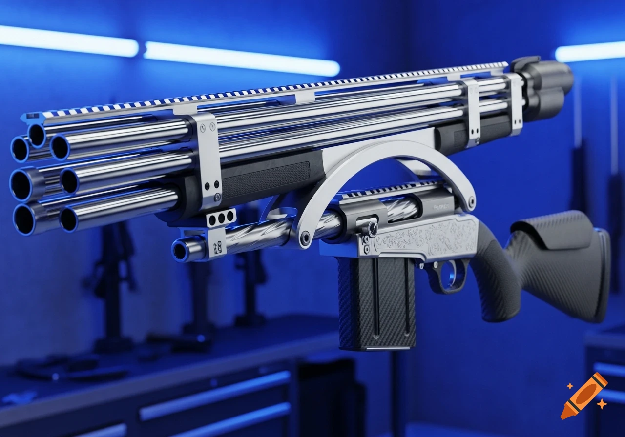 A detailed 3D render of a futuristic, multi-barreled firearm with chrome and black parts, against a glowing blue background.